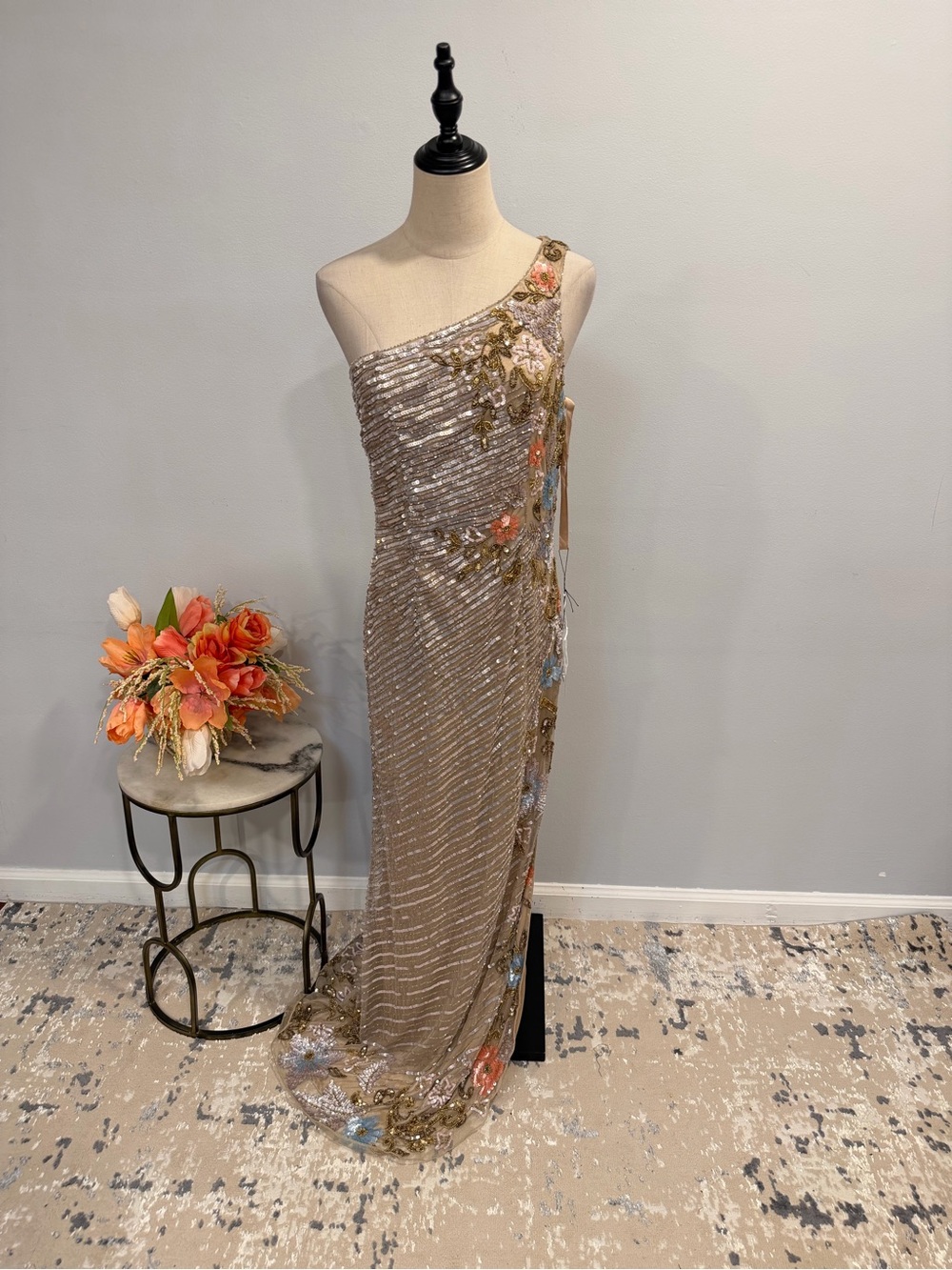 Designer Champagne Multi One-Shoulder Floral Sequin Embellished Evening Gown
